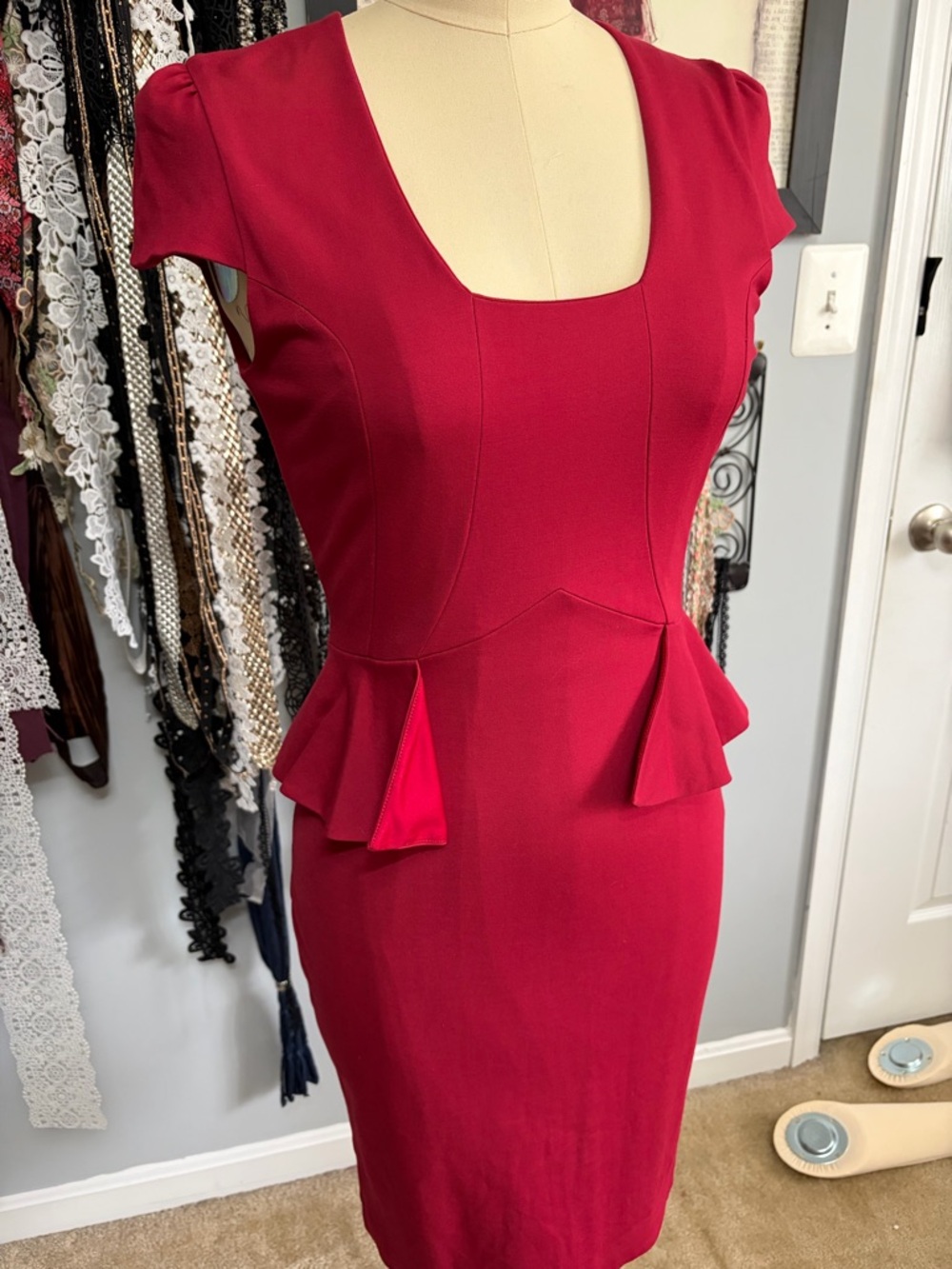 Badgley Mischka Raspberry Red Peplum Midi Dress